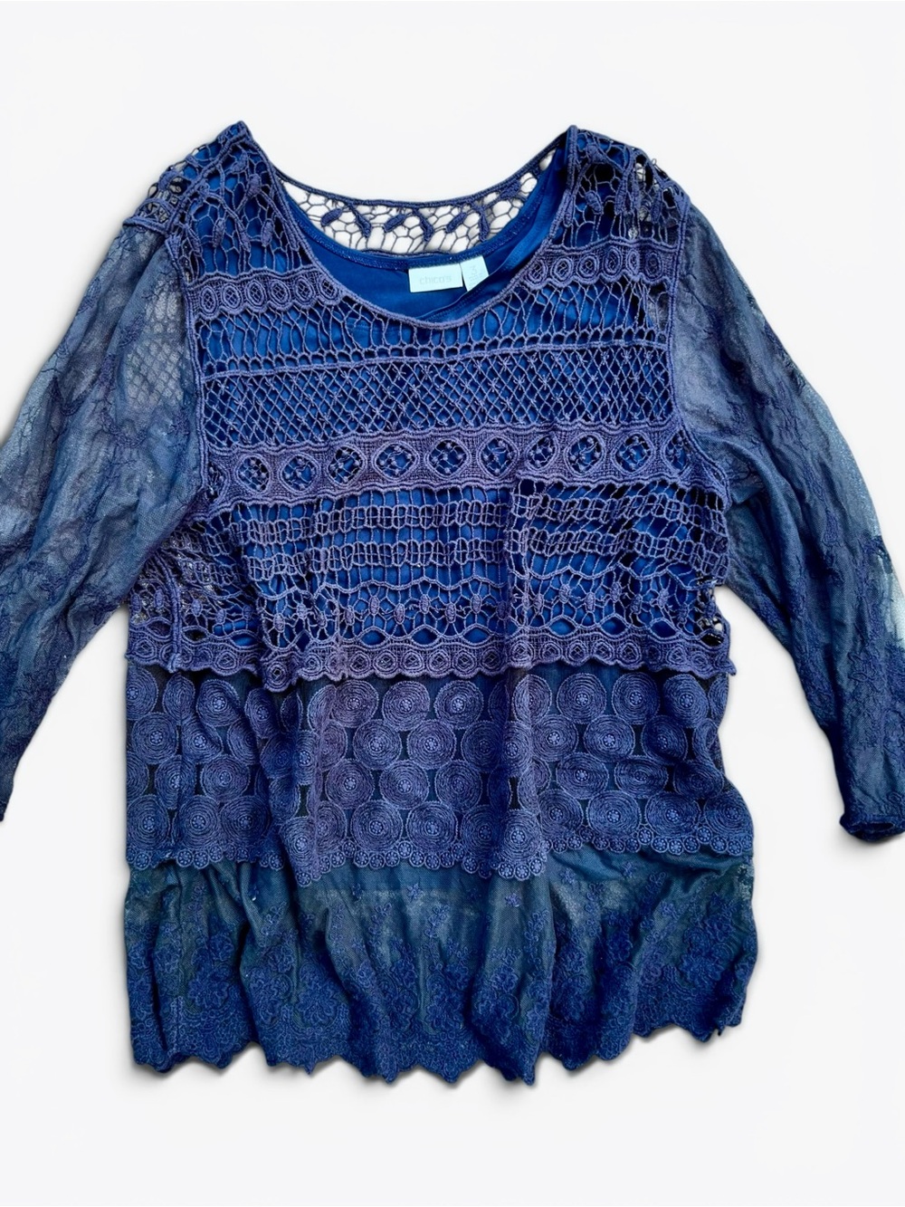 Chico’s Navy Crochet Lace Overlay Top SZ XL